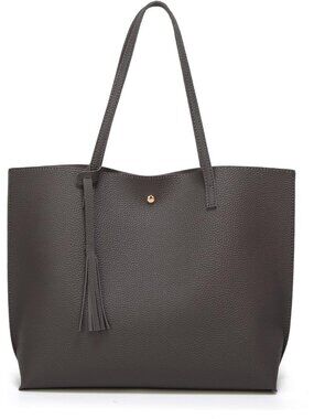 Women's Dark Grey Soft Faux Leather Tassel Style Handbag Tote Shoulder Bag